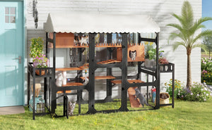 English Elm Large Pine Wood Catio Outdoor Cat Enclosure with Wire Mesh and Dual Plant Stands Black N704G201617B