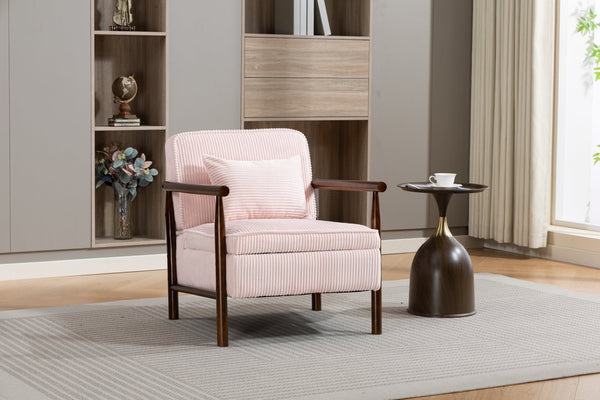 English Elm Storage Accent Chair Mid Century Wood Frame Upholstered Seat with Lumbar Cushion Light Pink W2530P401446