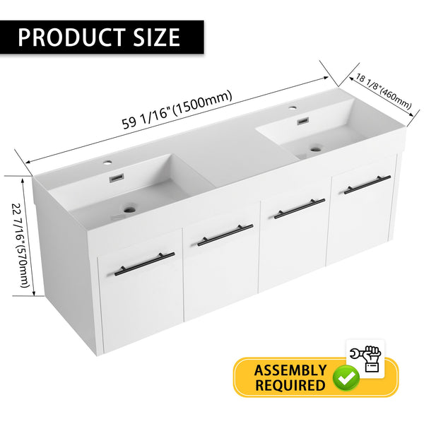 English Elm 60 Inch Wall-Mounted Bathroom Vanity With Double Resin Sink, Modern Design For Space-Saving Style W999S00252