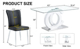 English Elm 1 Table and 4 Chairs Set.63"X35.4 Rectangular Transprant Tempered Glass Dining Tabletop With White Mdf Oc Shaped Bracket.Paired With 4 Black Pu Chairs With A Vertical Stripe Design On The Backrest.