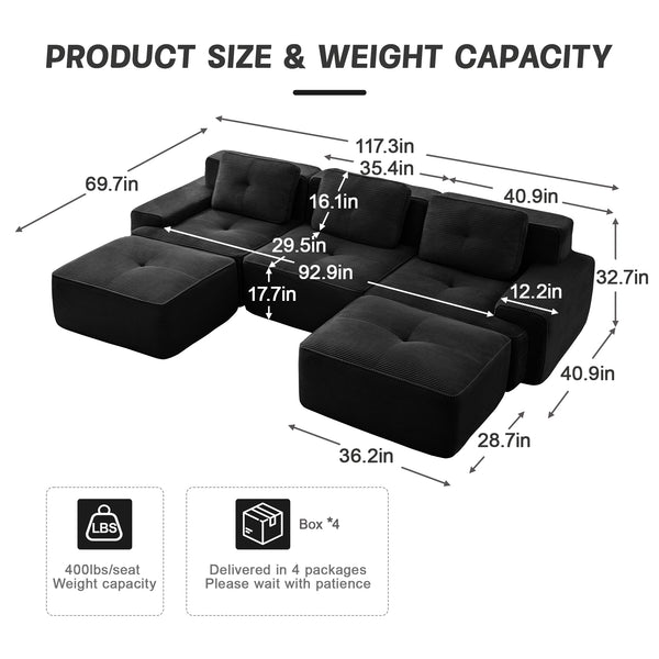 English Elm 117" Modern U-Shaped Modular Sectional Sofa, Black Corduroy, Deep Seat & Movable Ottoman, No Assembly! W714S01478