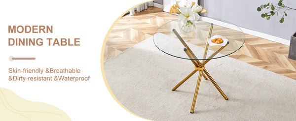 English Elm A Round Tempered Glass Dining Table with Sculptural Black Metal Legs for Modern Spaces W1151P411358