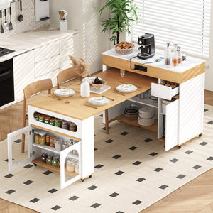 English Elm Trexm Rolling Kitchen Island Extendable Marble Top Cabinet Drawers Power Outlet Creamy White,Natural XW000029AAN