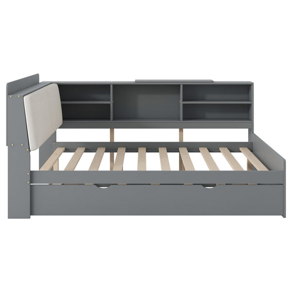 English Elm Wood Full Size platform bed with trundle, built-in storage headboard and shelves, sturdy pine frame Gray GX002055AAE