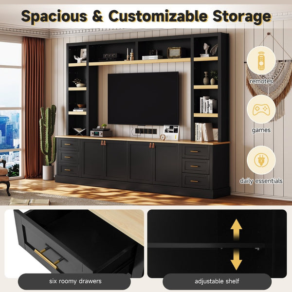 English Elm 102.3"w Farmhouse Wall Unit Four Piece Entertainment Center with Storage for Living Room N721S000051B-2