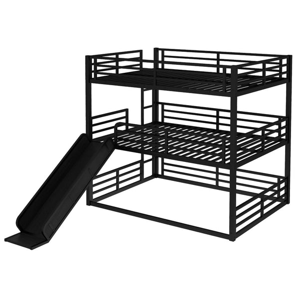 English Elm Queen Metal Triple Bunk Bed With Slide - Space-Saving, Heavy-Duty Design, Safety Guardrails In Black W1580S00172-GIGA