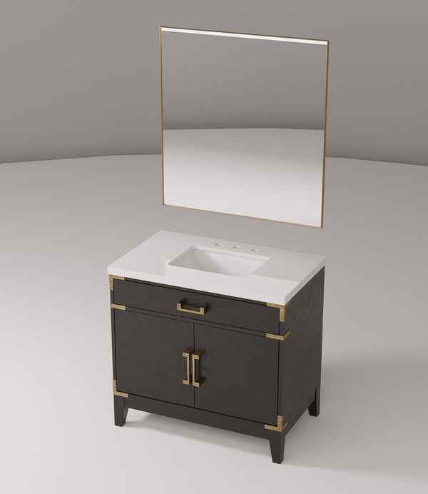 English Elm Black Oak Elegant Single-Sink Vanity With Cultured Marble Top & Matching 34" Mirror For Modern Bathrooms B2731S02127