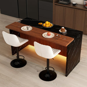 English Elm 63" Contemporary Kitchen Island Set With Beige Bar Stools, Led Lighting & Stylish Black Marble Top W2699S00073