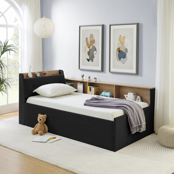 English Elm Twin Size Velvet Daybed With Adjustable Height Headboard, Storage, Trundle & Led Lights - Black W1413S00112-GIGA