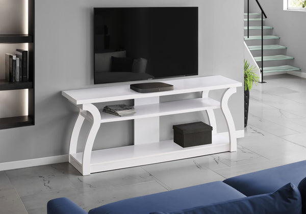 English Elm Tv Stand 60-Inch Media Console with Curved Sides and 3-Tier Open Shelves for Compact Living Spaces White 65 L x 19 W x 7 H B2710P219096