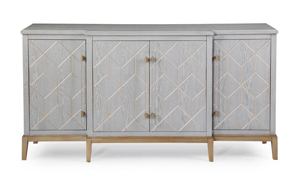 Basset Mirror Perrine Server: Elegant Breakfront Design With Geometric Carvings, Graphite Gray Finish & Brass Accents Gray Ash Veneer,Asian Hardwoods 2430-dr-576