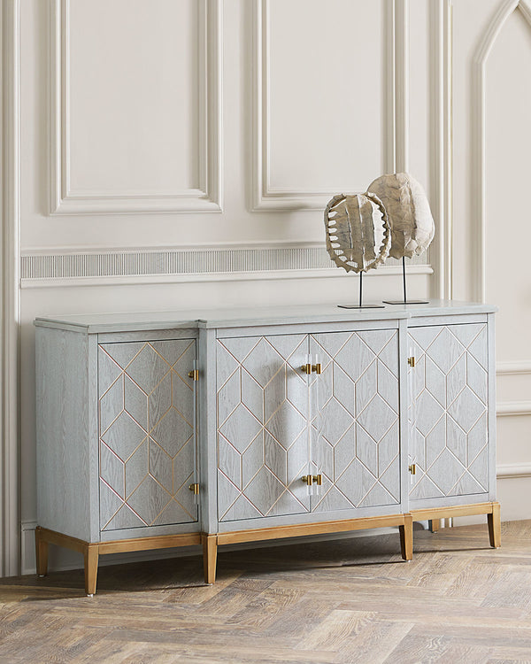 Basset Mirror Perrine Server: Elegant Breakfront Design With Geometric Carvings, Graphite Gray Finish & Brass Accents Gray Ash Veneer,Asian Hardwoods 2430-dr-576