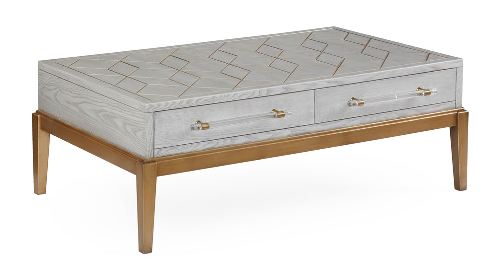 Basset Mirror Perrine Stylish Wood Rectangular Cocktail Table With Antique Gold Inlay & Acrylic Hardware Accents Gray Hardwood Solids,Acrylic 2430-lr-100