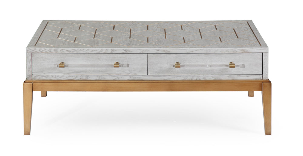 Basset Mirror Perrine Stylish Wood Rectangular Cocktail Table With Antique Gold Inlay & Acrylic Hardware Accents Gray Hardwood Solids,Acrylic 2430-lr-100