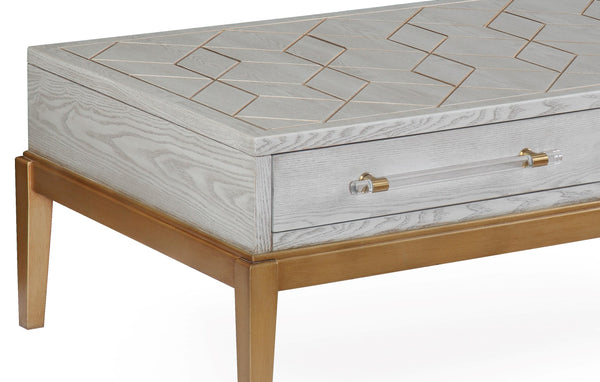 Basset Mirror Perrine Stylish Wood Rectangular Cocktail Table With Antique Gold Inlay & Acrylic Hardware Accents Gray Hardwood Solids,Acrylic 2430-lr-100