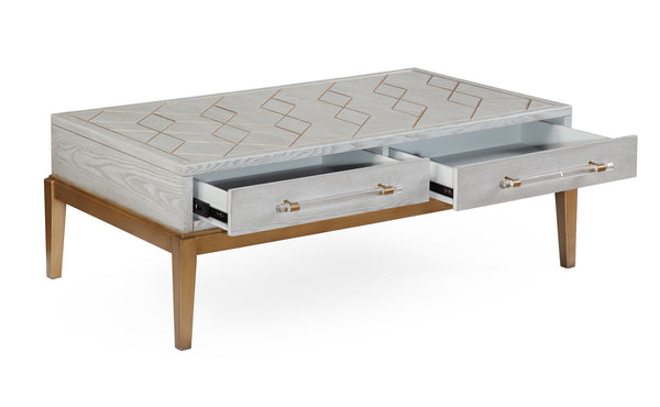 Basset Mirror Perrine Stylish Wood Rectangular Cocktail Table With Antique Gold Inlay & Acrylic Hardware Accents Gray Hardwood Solids,Acrylic 2430-lr-100