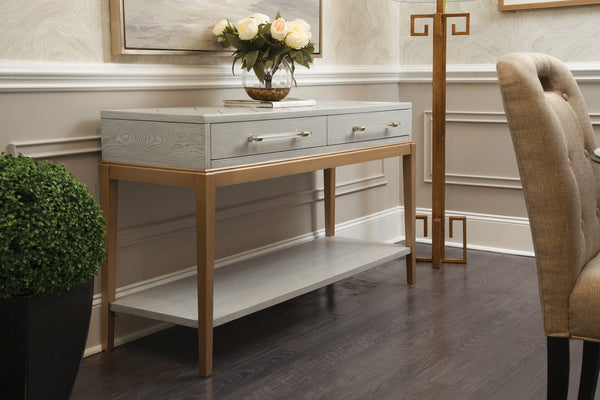 Basset Mirror Perrine Wood Console Table With Antique Gold Inlay, Two Drawers & Stylish Storage Solution Gray Hardwood Solids,Acrylic 2430-lr-472
