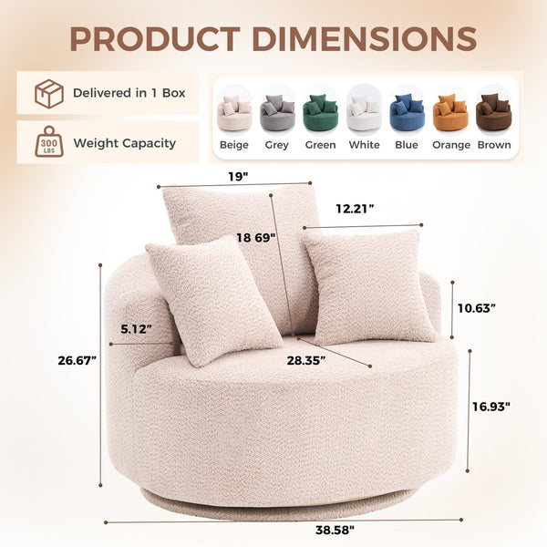 English Elm 360° Swivel Chair upholstered barrel accent chair with plush high-resilience foam and pillows for comfort Beige W2231P264468