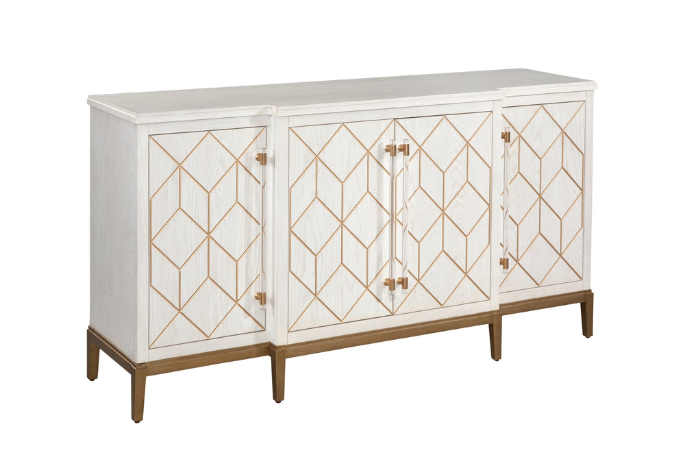 Basset Mirror Perrine White Server - Modern Glam Design With Geometric Carved Doors, Gold Accents & Storage Solutions White Solid Wood,Oak Veneers,Acrylic 2431-dr-576