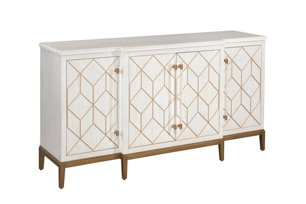 Basset Mirror Perrine White Server - Modern Glam Design With Geometric Carved Doors, Gold Accents & Storage Solutions White Solid Wood,Oak Veneers,Acrylic 2431-dr-576
