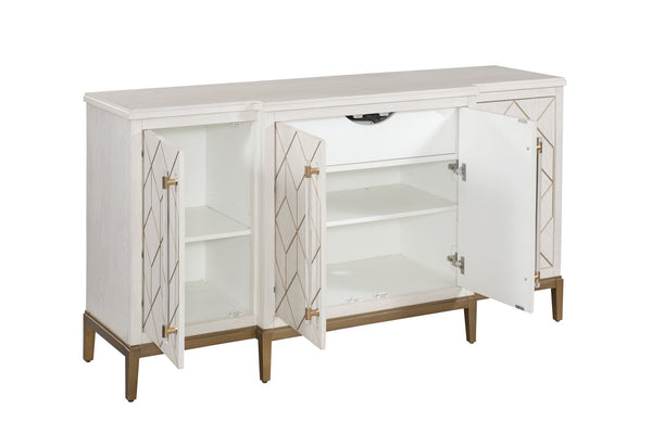 Basset Mirror Perrine White Server - Modern Glam Design With Geometric Carved Doors, Gold Accents & Storage Solutions White Solid Wood,Oak Veneers,Acrylic 2431-dr-576