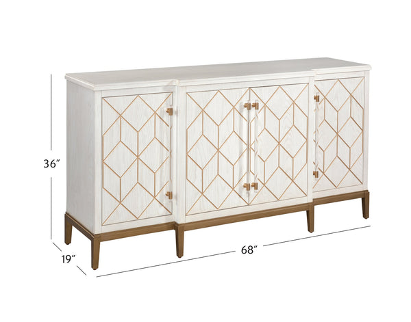 Basset Mirror Perrine White Server - Modern Glam Design With Geometric Carved Doors, Gold Accents & Storage Solutions White Solid Wood,Oak Veneers,Acrylic 2431-dr-576