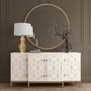 Basset Mirror Perrine White Server - Modern Glam Design With Geometric Carved Doors, Gold Accents & Storage Solutions White Solid Wood,Oak Veneers,Acrylic 2431-dr-576