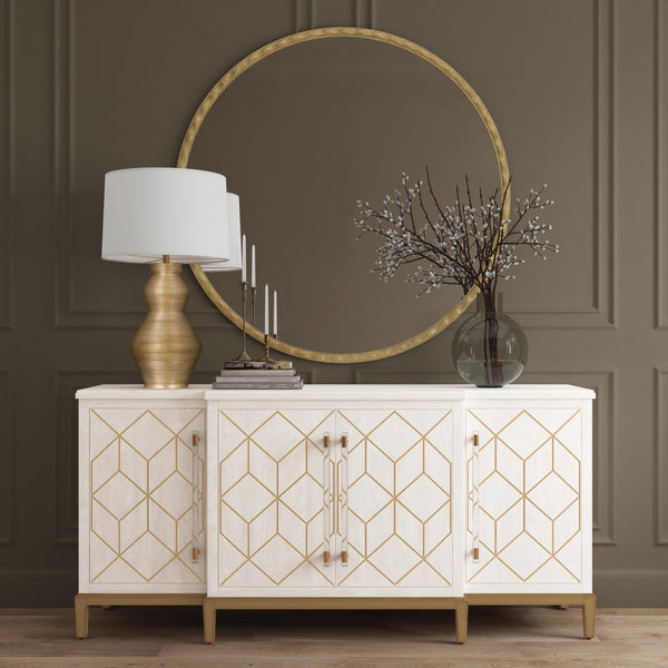 Basset Mirror Perrine White Server - Modern Glam Design With Geometric Carved Doors, Gold Accents & Storage Solutions White Solid Wood,Oak Veneers,Acrylic 2431-dr-576