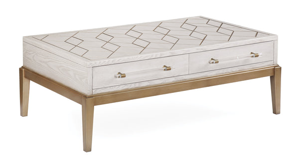 Basset Mirror Perrine White Cocktail Table: Elegant Geometric Design With Gold Inlay & Functional Storage Drawers White Hardwood Solids,Acrylic 2431-lr-100