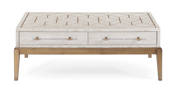 Basset Mirror Perrine White Cocktail Table: Elegant Geometric Design With Gold Inlay & Functional Storage Drawers White Hardwood Solids,Acrylic 2431-lr-100