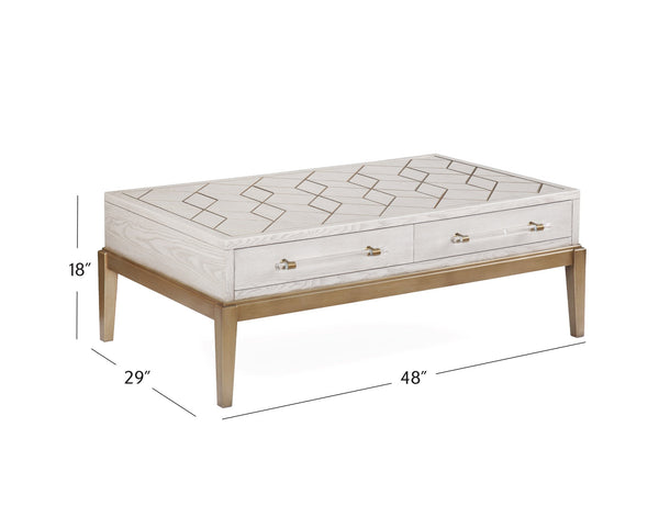 Basset Mirror Perrine White Cocktail Table: Elegant Geometric Design With Gold Inlay & Functional Storage Drawers White Hardwood Solids,Acrylic 2431-lr-100