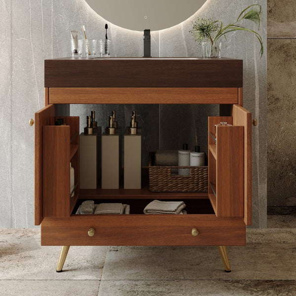 English Elm Mid-century Freestanding Bathroom Vanity Marble Stone Top Ceramic Sink Gold Legs W3136S00064