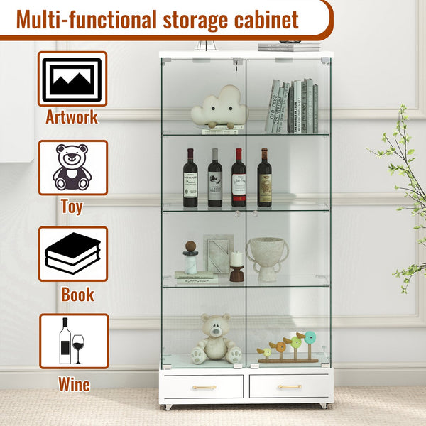 English Elm Modern Glass Display Cabinet With Led Lights & Drawers - Stylish 4-Shelf Storage For Any Room W241S00058