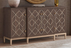 Basset Mirror Perrine Brown Oak Server - Modern Glam Design With Gold Accents, Adjustable Shelves & Cord Management Brown Solid Wood,Oak Veneers,Acrylic 2432-dr-576