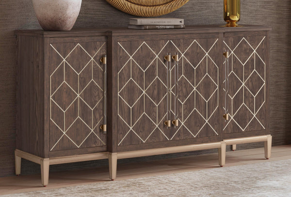 Basset Mirror Perrine Brown Oak Server - Modern Glam Design With Gold Accents, Adjustable Shelves & Cord Management Brown Solid Wood,Oak Veneers,Acrylic 2432-dr-576