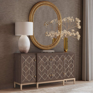 Basset Mirror Perrine Brown Oak Server - Modern Glam Design With Gold Accents, Adjustable Shelves & Cord Management Brown Solid Wood,Oak Veneers,Acrylic 2432-dr-576