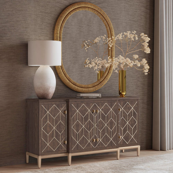 Basset Mirror Perrine Brown Oak Server - Modern Glam Design With Gold Accents, Adjustable Shelves & Cord Management Brown Solid Wood,Oak Veneers,Acrylic 2432-dr-576