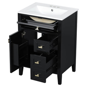 English Elm "24'' 24 Inch Glossy Freestanding Bathroom Vanity with Gold Hardware and Soft Close Storage Black Rubberwood N725P448529B