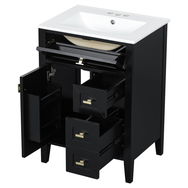 English Elm "24'' 24 Inch Glossy Freestanding Bathroom Vanity with Gold Hardware and Soft Close Storage Black Rubberwood N725P448529B