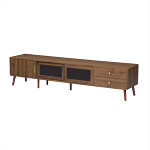 English Elm 76" Modern Minimal TV Stand with Waveform Glass Doors, Soft-Close Drawers, Cable Management, Solid Wood Legs (Fits TVs up to 85") N710P298234P