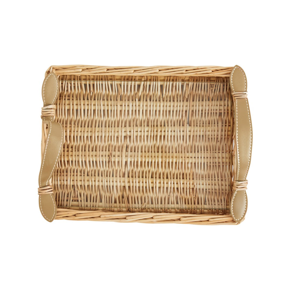 Chelsea House Island Handwoven Tray With Tempered Glass & Mocha Leather Handles — Coastal Decor, Serving & Styling (12"X9") 24337270