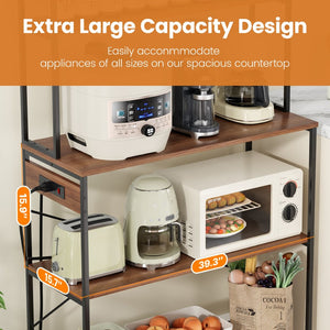English Elm Large Five Tier Industrial Bakers Rack with Built in Outlets Microwave Stand Kitchen Organizer Walnut T3623P431208