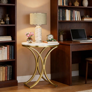 English Elm Chic Two-tier Round End Table with Metal Frame and Open Shelf for Living Room T3971P449094