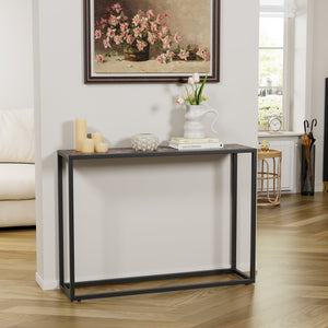 English Elm 3-piece narrow console set with PU leather edges, industrial farmhouse entry table trio, space-saving black brown blend W578P357516