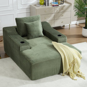 English Elm 67" Corduroy Oversized Chaise Sleeper Sofa Deep Seat Boneless Lounge with Cup Holder Pillows Green W1803P409244