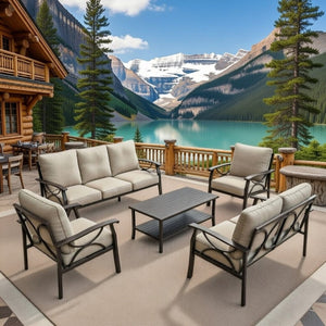 English Elm 5-piece Outdoor Conversation Set Steel Frame Patio Sofa Loveseat Chairs Table Beige B082S00120