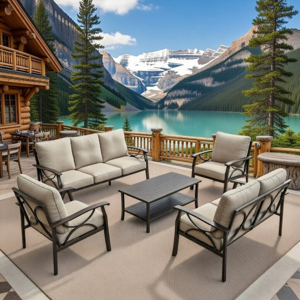 English Elm 5-piece Outdoor Conversation Set Steel Frame Patio Sofa Loveseat Chairs Table Beige B082S00120