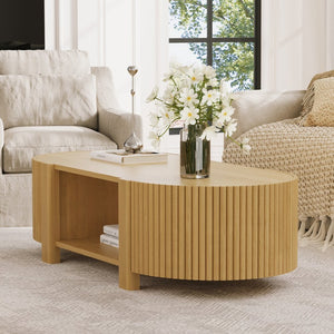English Elm Oval Fluted Rubberwood Coffee Table with Open Storage Shelf for Living Room Natural N735P369880N