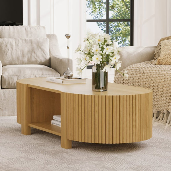 English Elm Oval Fluted Rubberwood Coffee Table with Open Storage Shelf for Living Room Natural N735P369880N