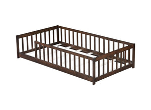 English Elm Twin Solid Rubberwood Floor Bed with Full Perimeter Safety Rails for Toddler Rooms Espresso W504P296797